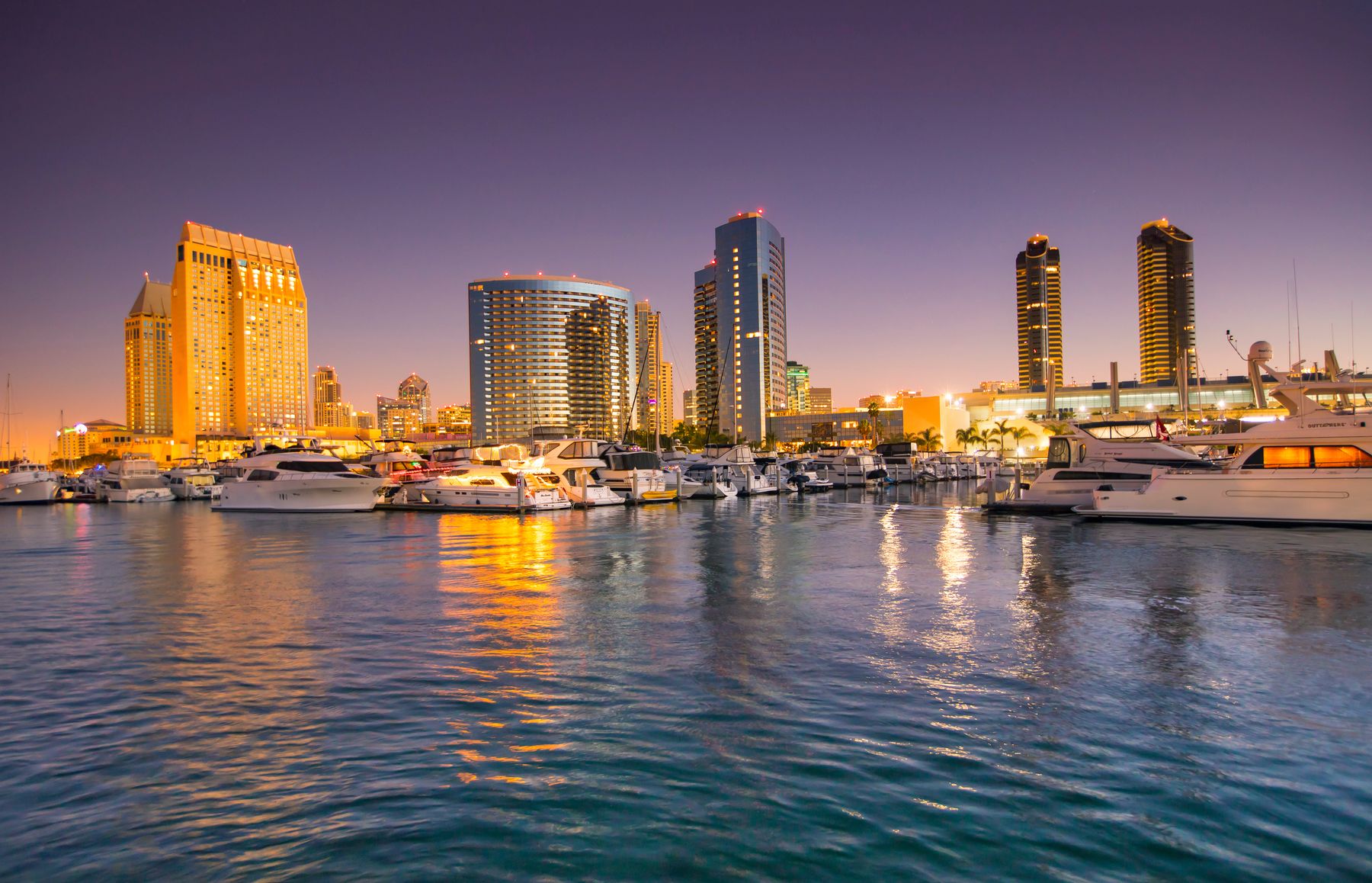 San Diego skyline and marina glowing at sunset